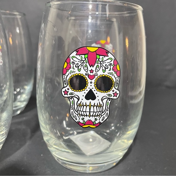 Cristar Day Of The Dead White Skull, Mikonos Stemless Glasses (Lot Of 6) NEW - Picture 5 of 8